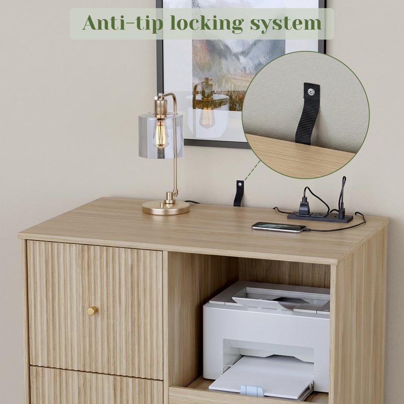3-Drawer File Cabinet with Charging Station and Pull-Out Printer Stand - Natural Wood Finish