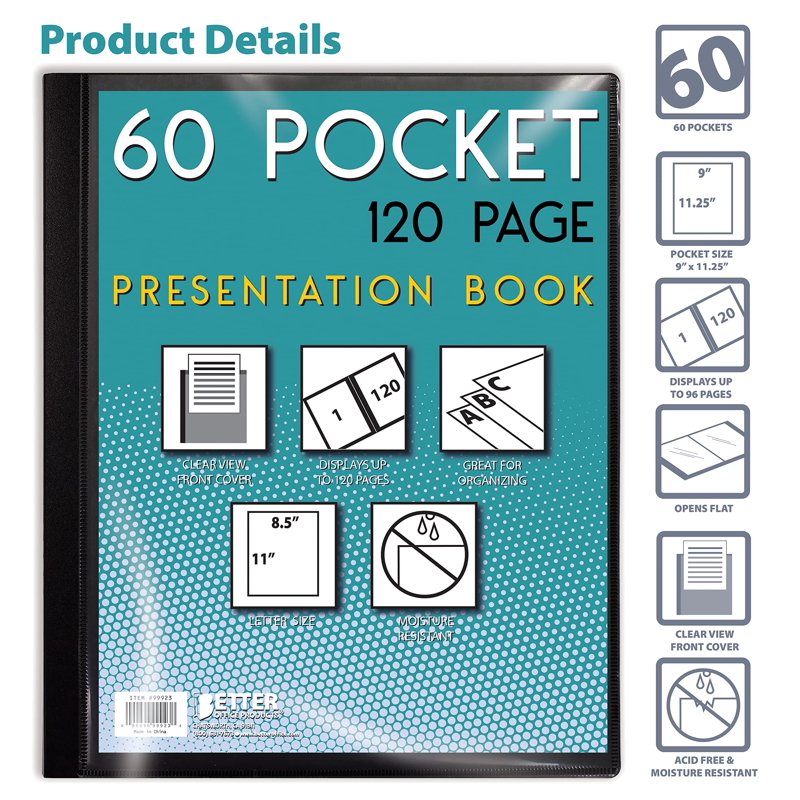 Black Presentation Book with 60 Pocket Pages, Clear Front Cover, 8.5x11 Inches