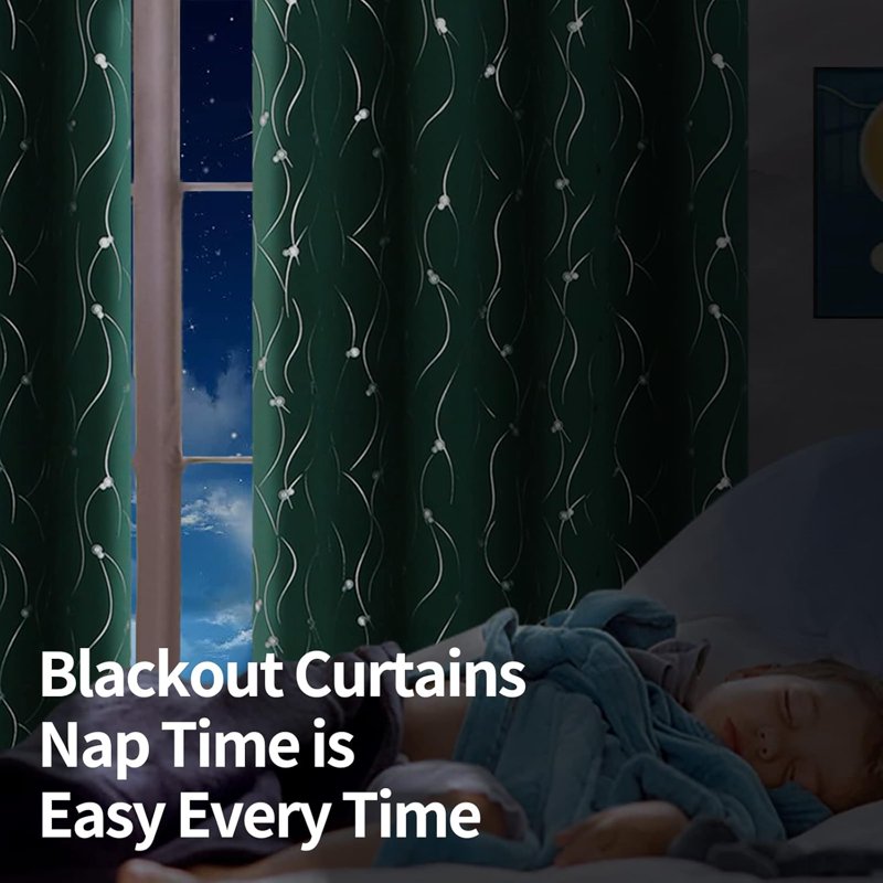 Blackout Window Curtains Set 95 Inch Length Grommet Thermal Insulated Room Darkening with Wave Dot Pattern