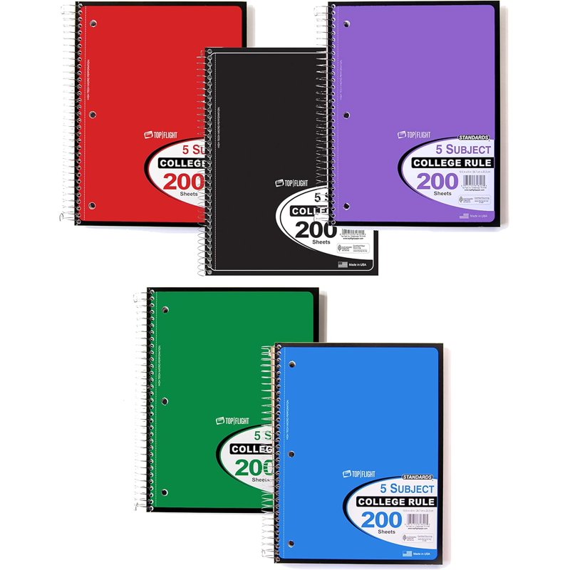 5 Subject College Ruled Notebook with 200 Sheets - Spiral Bound, Assorted Colors, 10.5x8 Inches