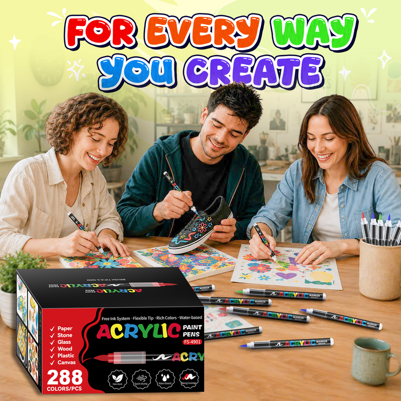 Acrylic Paint Marker Set with Soft Brush Tip - Multi-Surface Art Supplies