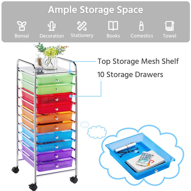 Multi-Color 10-Drawer Plastic & Metal Storage Cart with Lockable Wheels