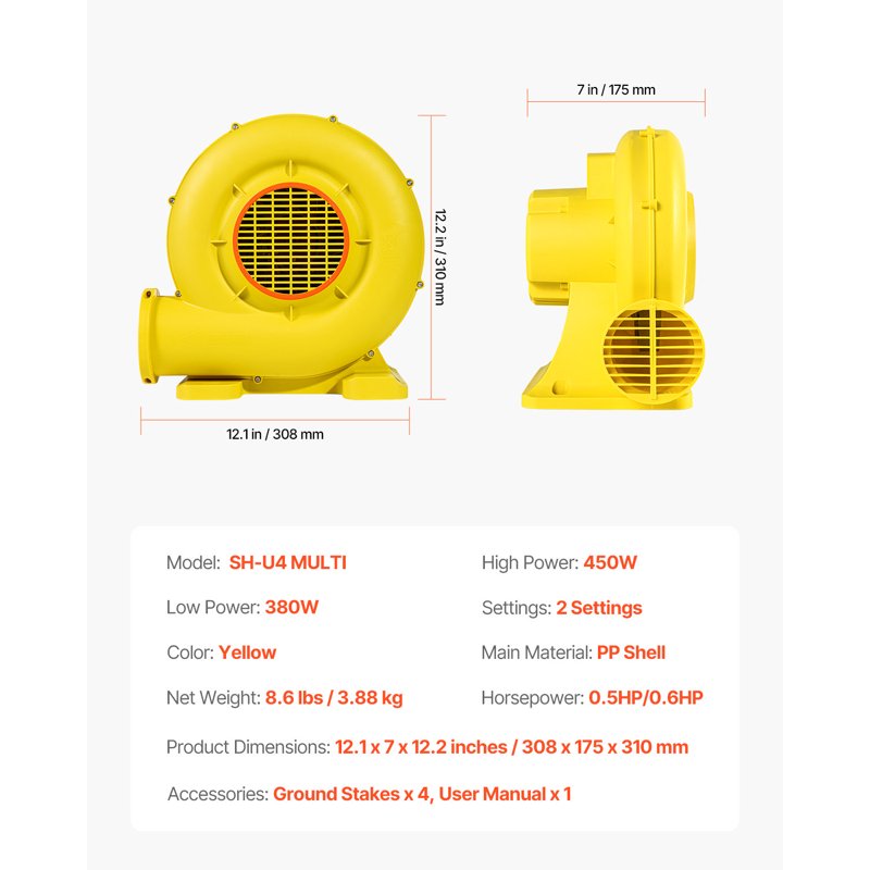 Commercial Inflatable Air Pump 380W 450W for Bouncy Castles Water Slides