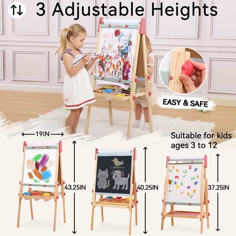 Kids Wooden Art Easel with Paper Roll, Magnetic Whiteboard & Chalkboard, Adjustable for Ages 3-12
