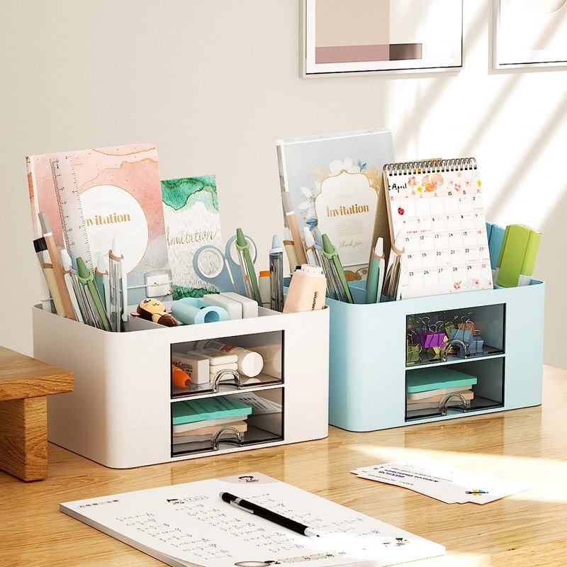 Multi-Functional Pen Organizer with 2 Drawers and Compartments - White Desk Storage