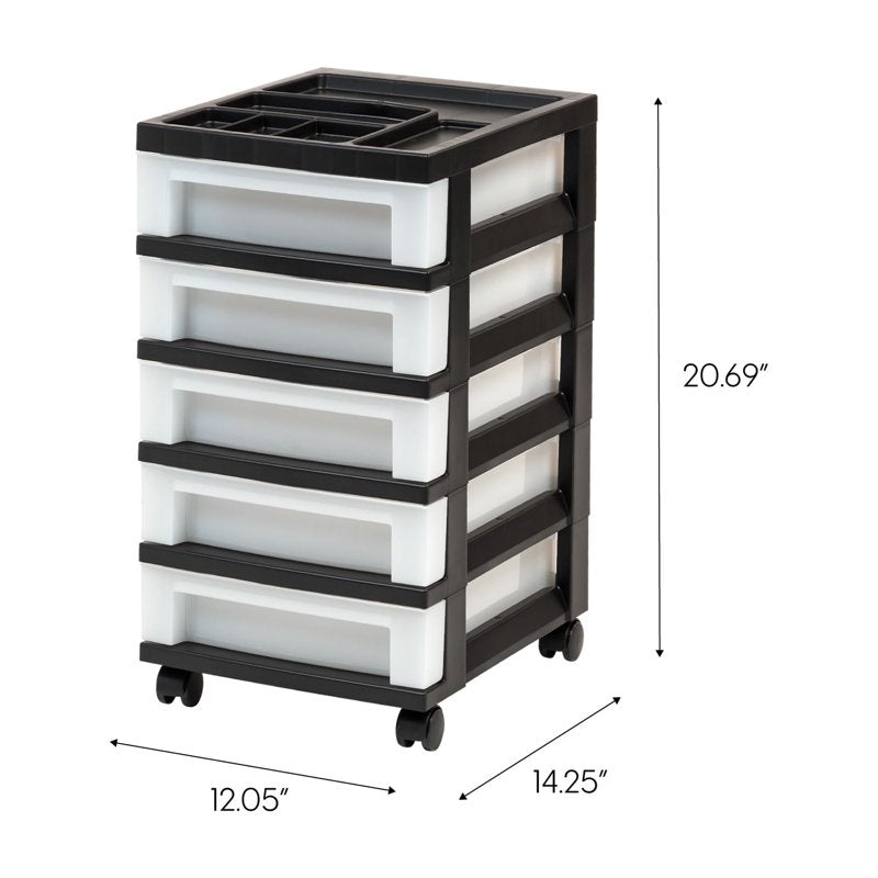 Narrow 5-Drawer Plastic Storage Cart with Organizer Top - Black & White