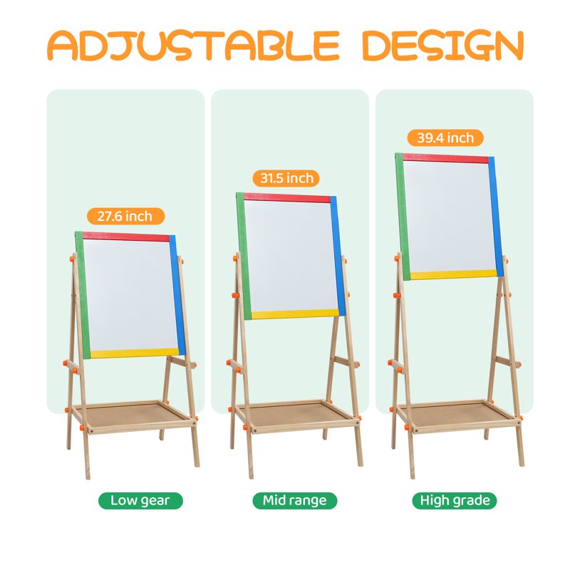 Kids Art Easel Double Sided Chalkboard & Dry Erase Board - Height Adjustable Wooden Stand