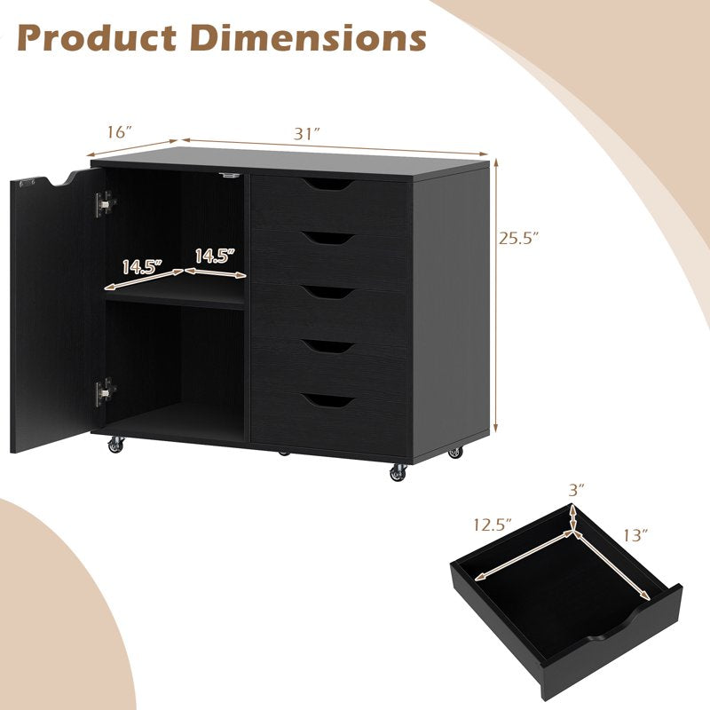 5-Drawer File Cabinet with Door and Adjustable Shelf - Rolling Home Office Storage