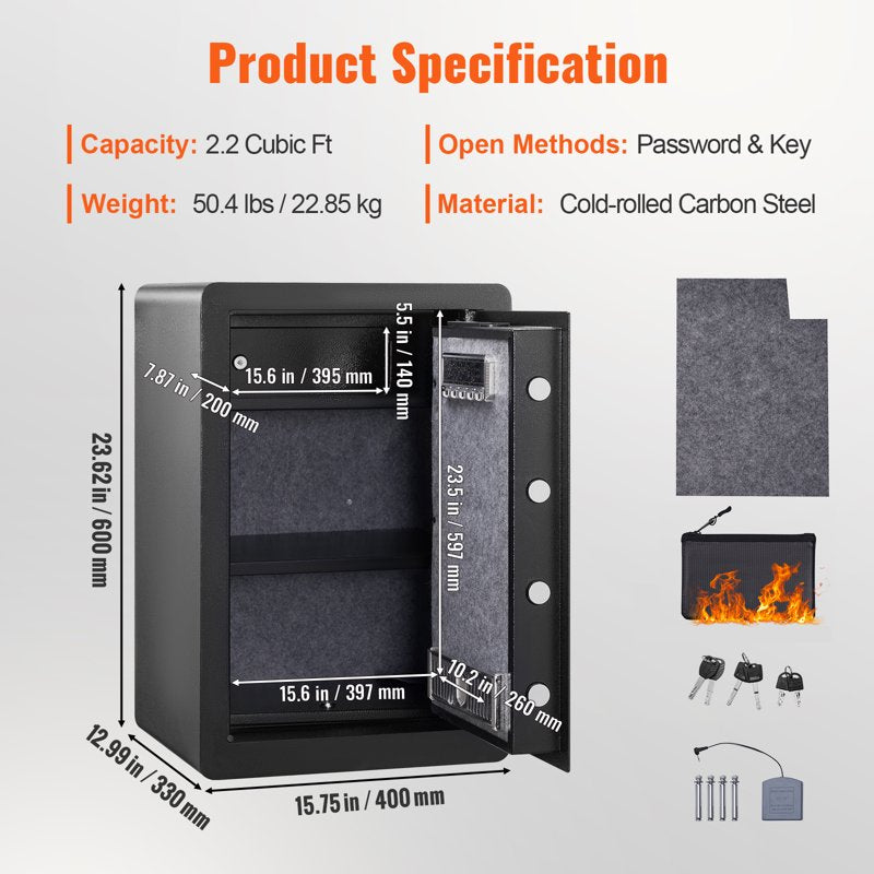 2.2 Cu Ft Home Security Safe with Fingerprint & Keypad - Fireproof Steel Box