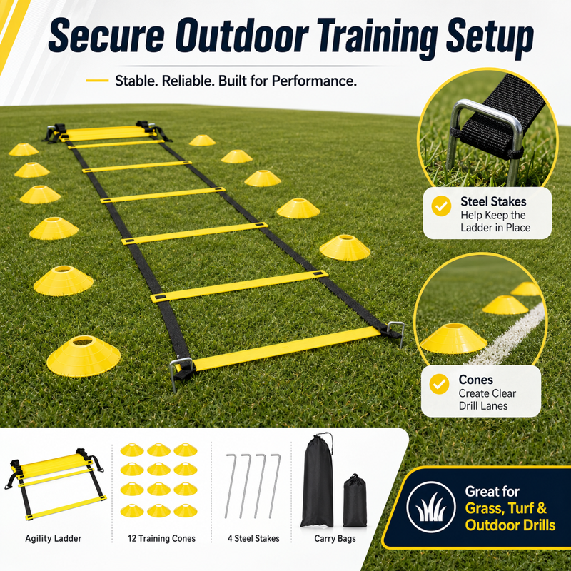 Agility Ladder Speed Training Set - 20 ft Adjustable Ladder, 12 Cones, 4 Stakes, Parachute & Carry Bag