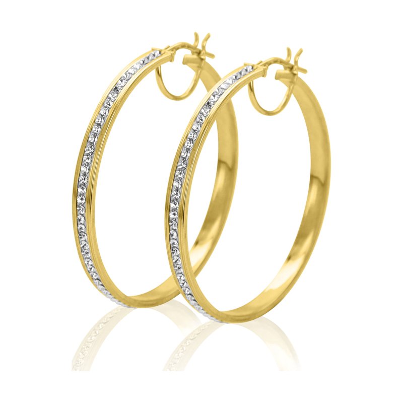 14K Gold Plated Sterling Silver Hoop Earrings with Crystals - Large Classic Round Design for Adults