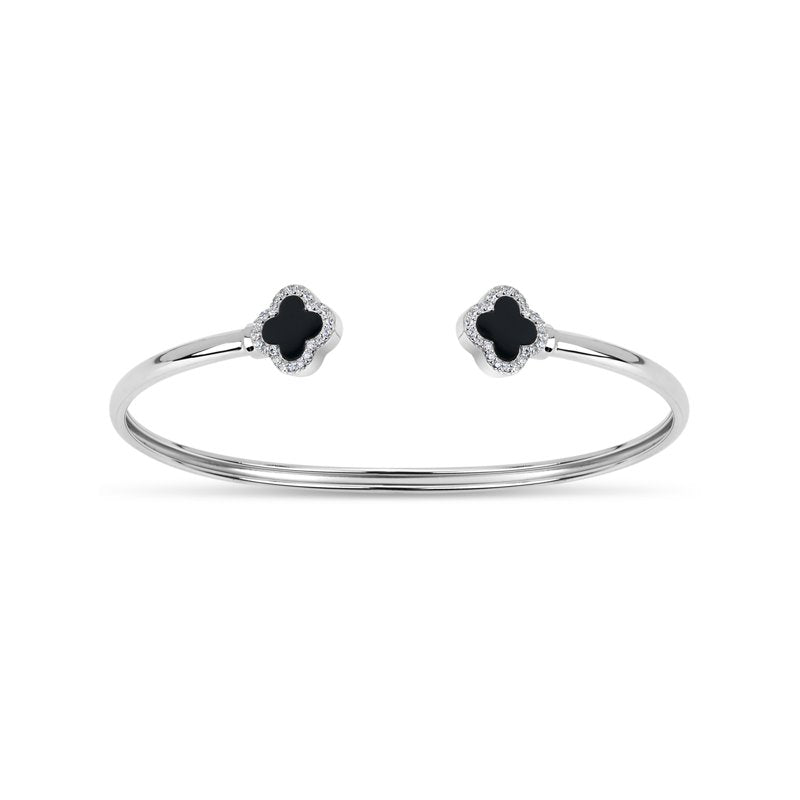 Sterling Silver Black Onyx Clover Cuff Bracelet with Cubic Zirconia