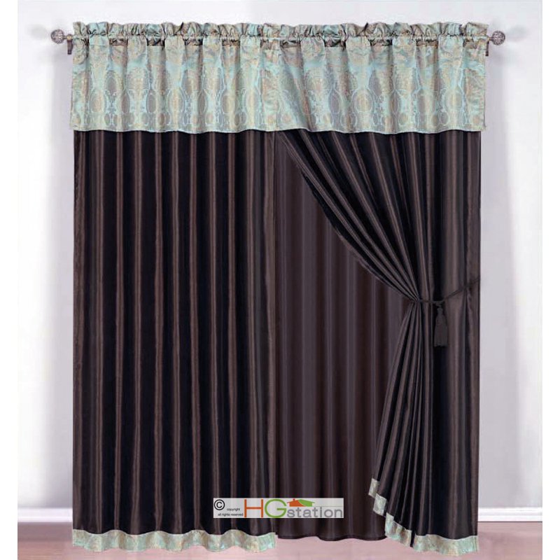 Damask Floral Jacquard Curtain Set with Valance & Tiebacks - Seafoam Blue