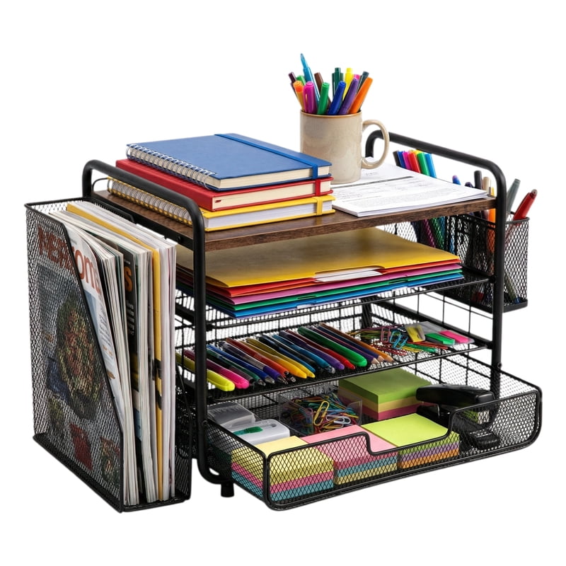 4-Tier Metal Desk Organizer with Drawers Pen Holder and File Rack