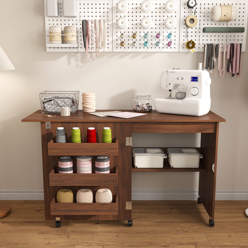 4-in-1 Folding Sewing Table with Storage and Wheels for Craft Room