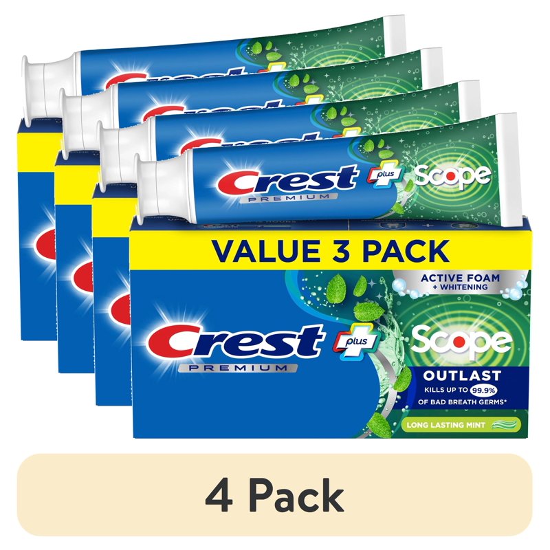(4 Pack) Crest Fluoride Toothpaste with Scope Outlast - Mint, 3 x 5.2 oz