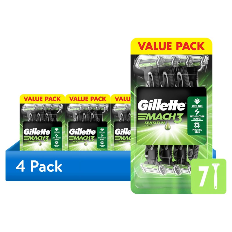 (4 Pack) Gillette Mach3 Sensitive Disposable Razors for Men with Pivoting Head – 28 Variation