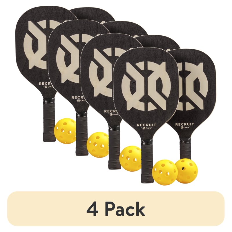 (4 Pack) Pickleball Starter Set for All Ages & Levels – 2 Paddles, 2 Balls – Black
