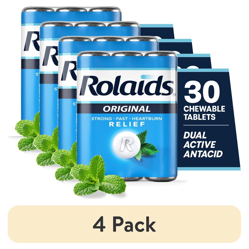 (4 Pack) Rolaids Original Strength Antacid 30 Chewable Tablets Mint Flavor - Dual Active