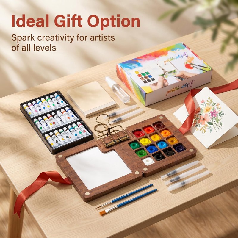 Mini Travel Watercolor Paint Set with Brushes Sketchbook & Copper Clip