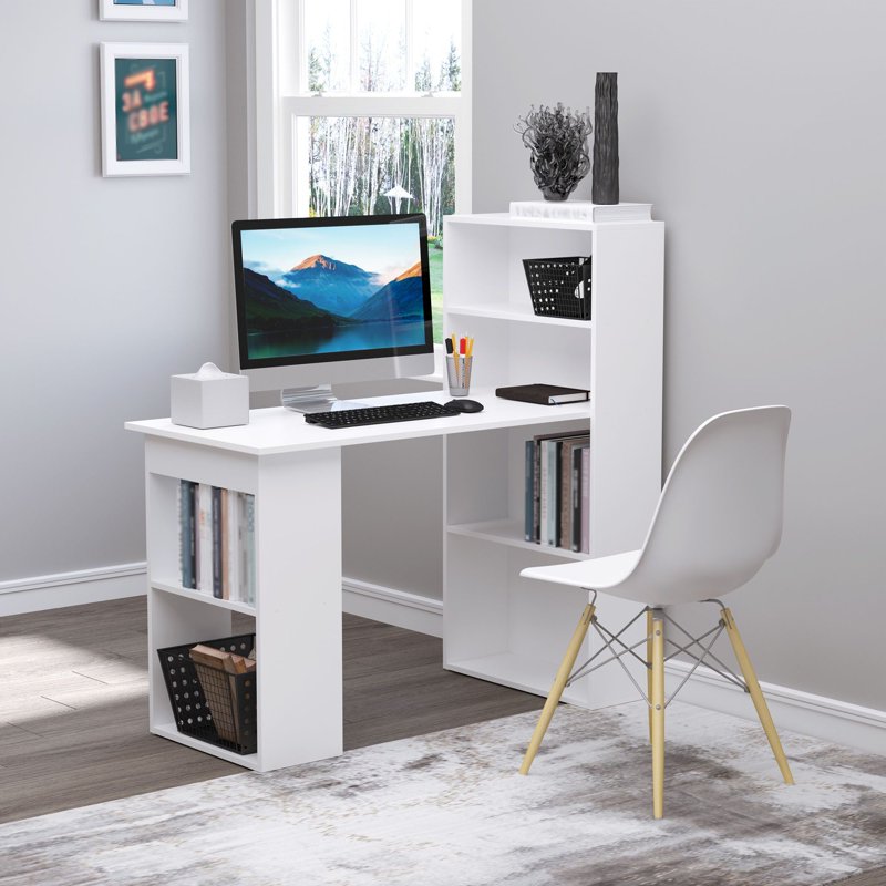 Compact Computer Desk with Bookcase Hutch - Space-Saving Home Office Workstation
