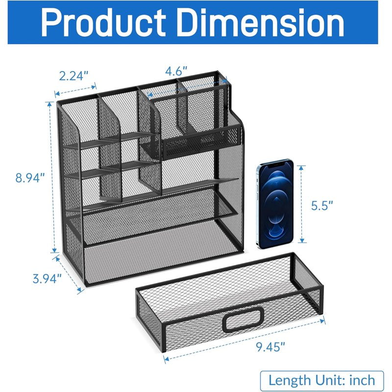Multifunctional Desktop Organizer with Drawer and Pen Holders - Office & Art Supplies