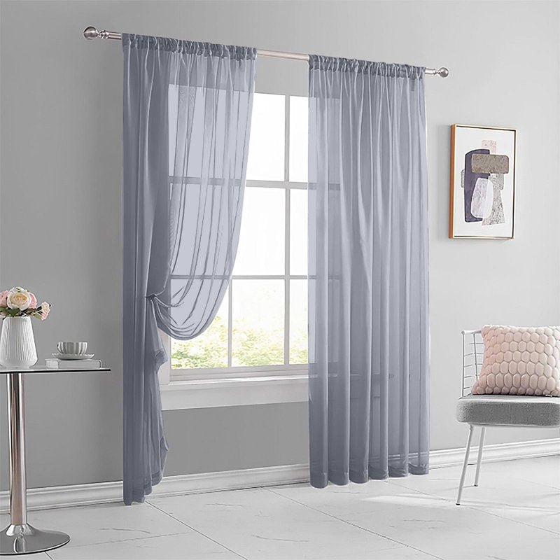 Kitchen Curtains Solid Color Double-String Polyester Semi-Sheer Window Panel Set