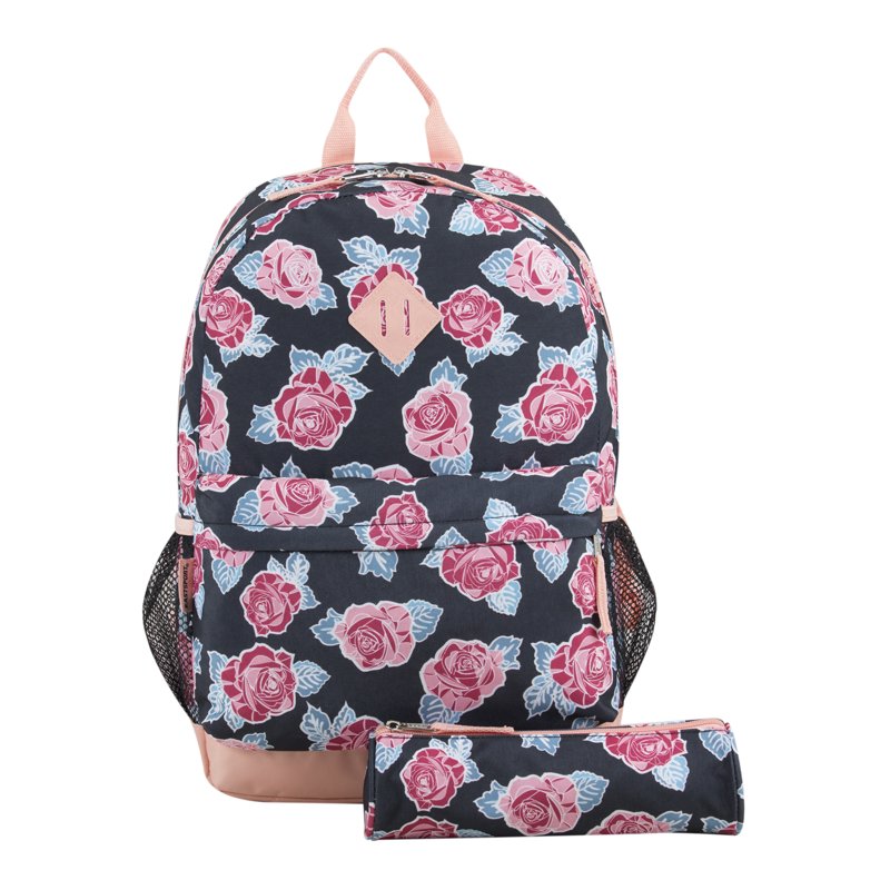 Unisex Dome Backpack with Bonus Pouch - Rose Print, Spacious School & Casual Bag