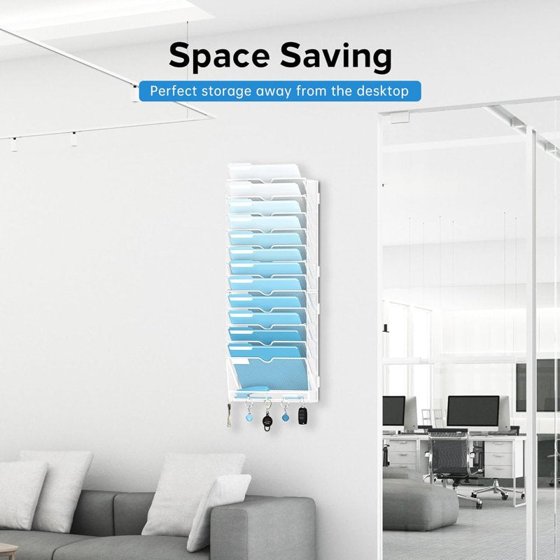13-Tier Metal Wall File Organizer with Hooks - Office Paper & Magazine Storage