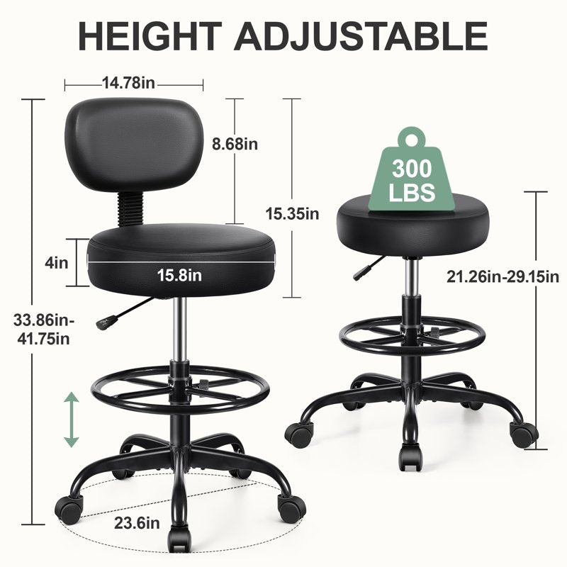 Adjustable Drafting Office Chair with Backrest - PU Leather, Thick Cushion, 300lb Capacity