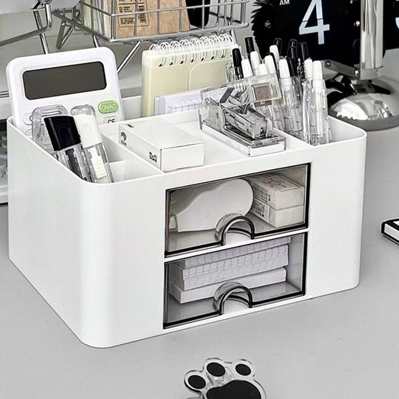 Desk Organizer with 2 Drawers and Multi-Compartment Storage for Office & Study Supplies - White