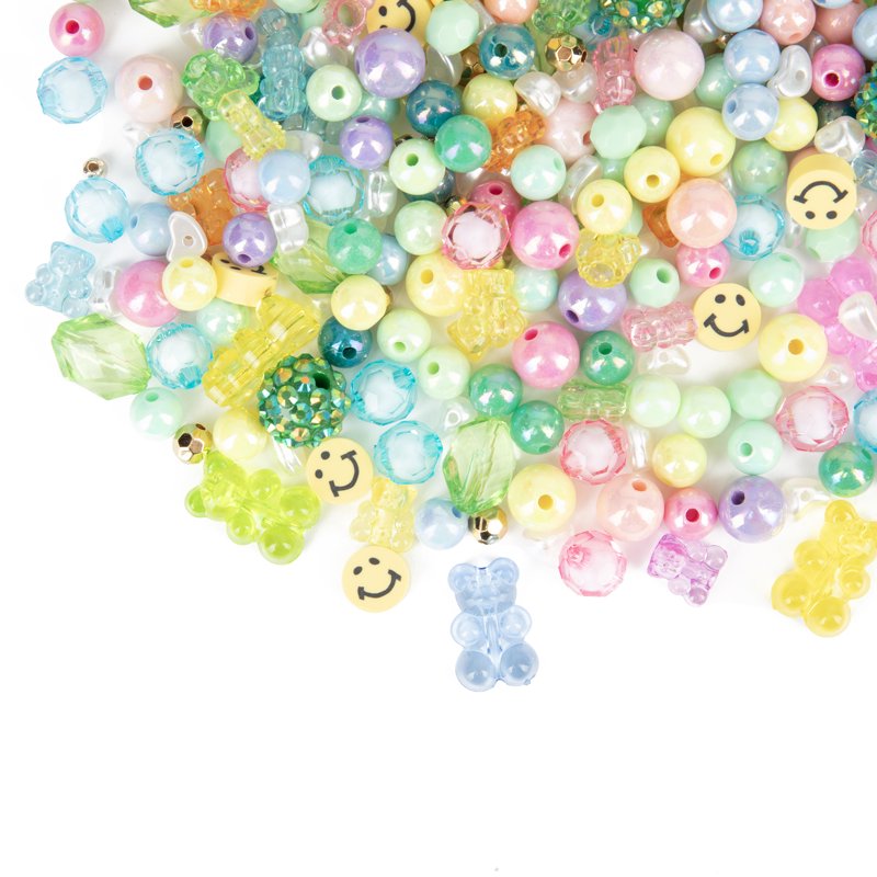 Pastel Acrylic Bead Set with Smileys & Gummy Bears for Jewelry Crafts - 135g, 500 Pieces