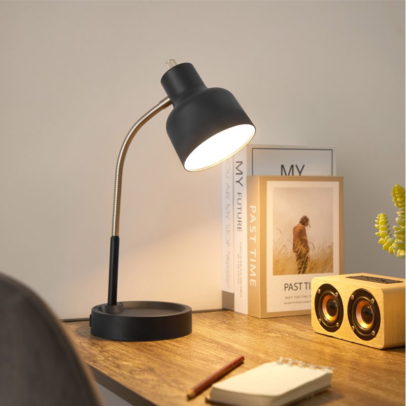 LED Desk Lamp with Catch-All Base & AC Outlet, Adjustable Metal Gooseneck
