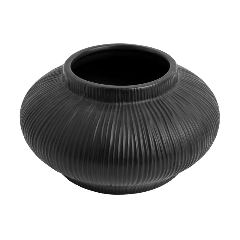 Black Ribbed Ceramic Decorative Vase - Modern Small Tabletop Accent, 4 inches