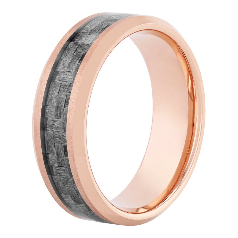 Men's Rose Tungsten Wedding Ring with Carbon Fiber Inlay - Beveled Band