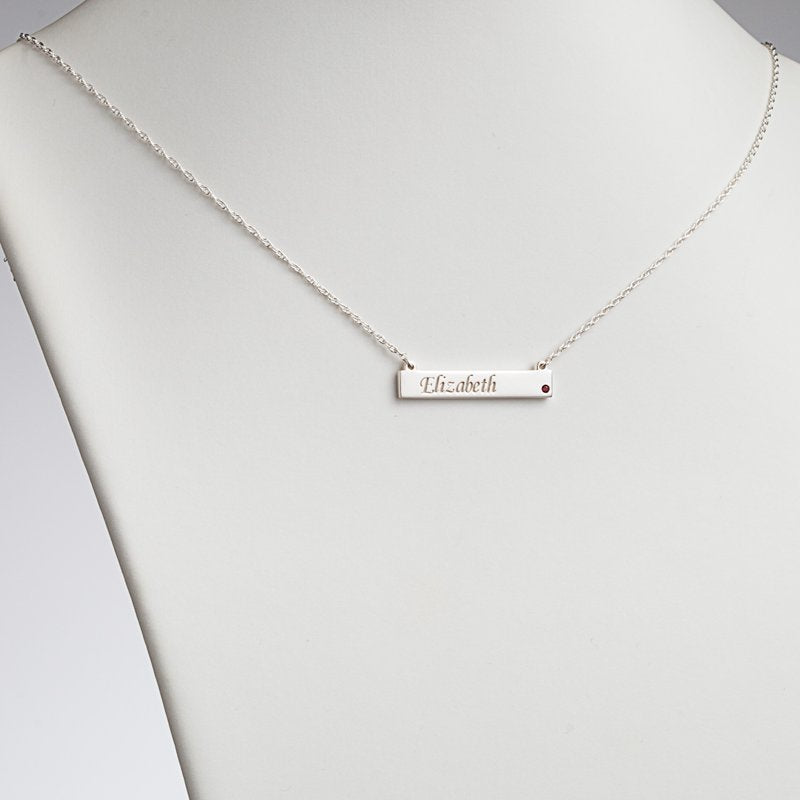 Personalized Women's Sterling Silver or Gold Name and Birthstone Bar Necklace