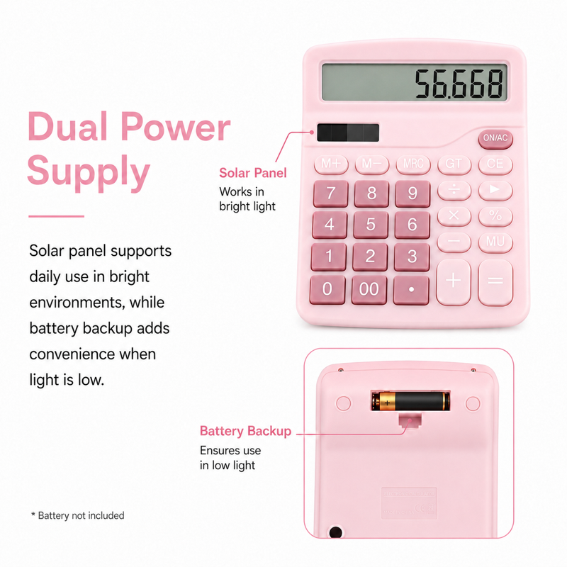 12-Digit Desktop Calculator with Large LCD Display - Solar & Battery Powered Office Math Tool