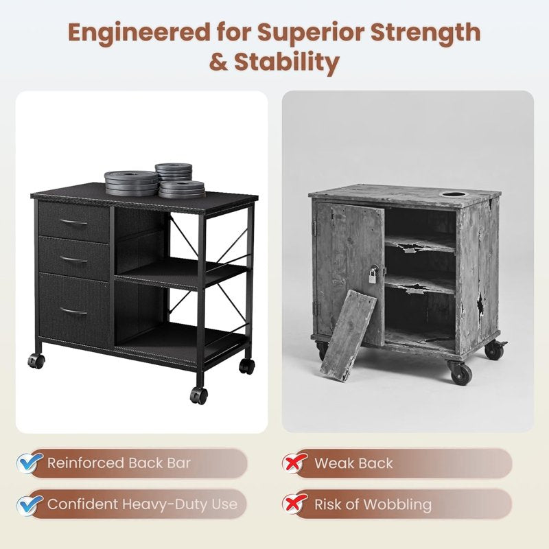 3-Tier Mobile File Cabinet with Lockable Casters and Storage - Rustic Black