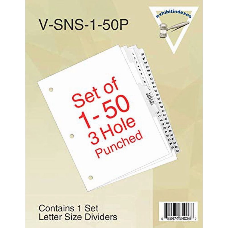 Numbered Divider Tabs 1-50 for Binders - 3 Hole Punched, Laminated