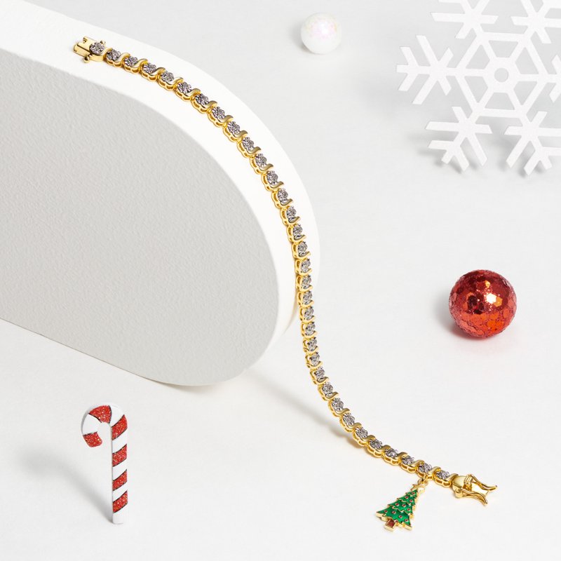 Silver Plated Diamond Accent Tennis Bracelet with Holiday Christmas Tree Charm