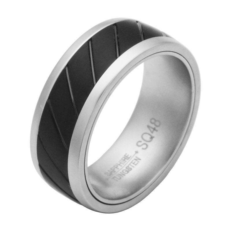 Men's Wedding Band 8mm Sapphire Tungsten Titanium Comfort Fit Black Inlay