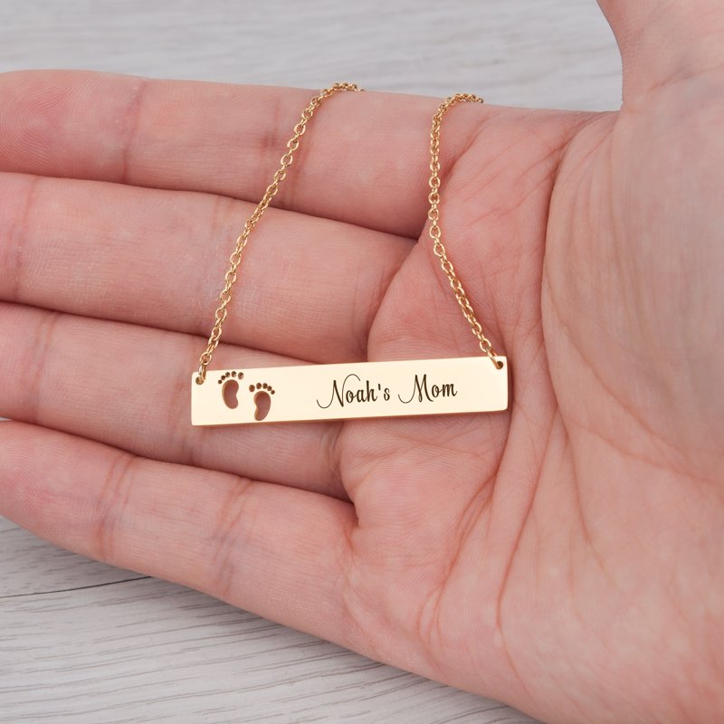 Personalized New Mom Necklace - Engravable Footprint Bar Pendant Gift for Wife & Girlfriend