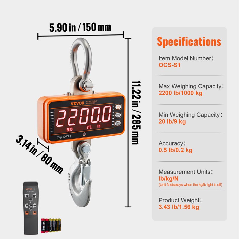 Heavy-Duty Digital Crane Scale 2200 lbs/1000 kg with Remote Control