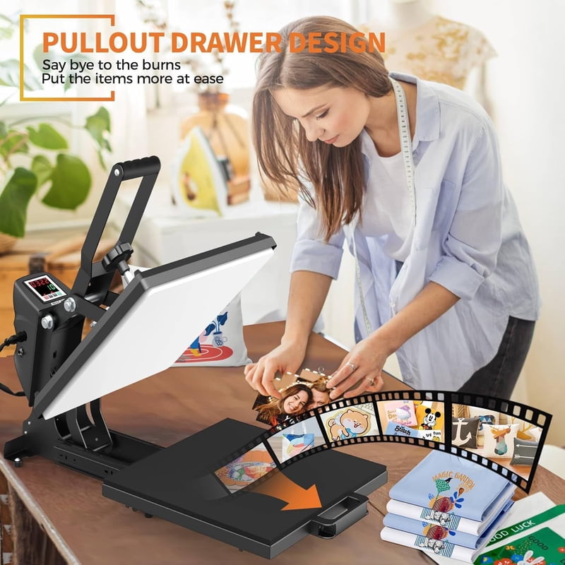 15x15 Clamshell Heat Press Machine with Slide-Out Design for Sublimation Transfers