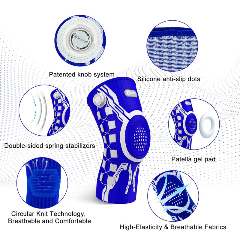 Adjustable Knee Brace with Side Stabilizers & Patella Gel Support for Sports - Blue White XL