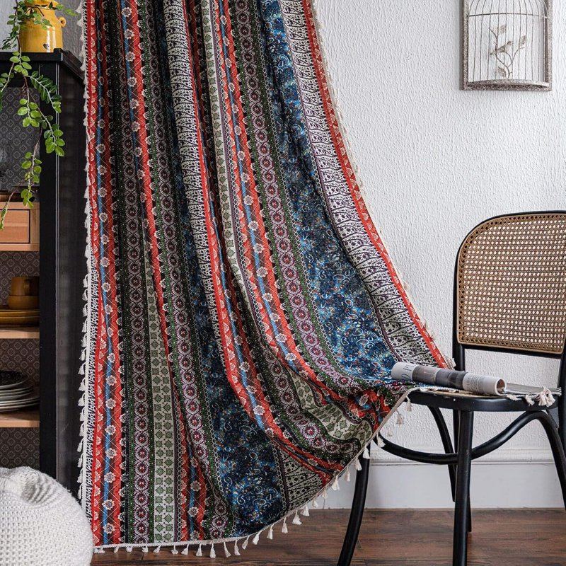 Boho Semi-Blackout Curtains with Colorful Stripes and Tassels - Various Sizes