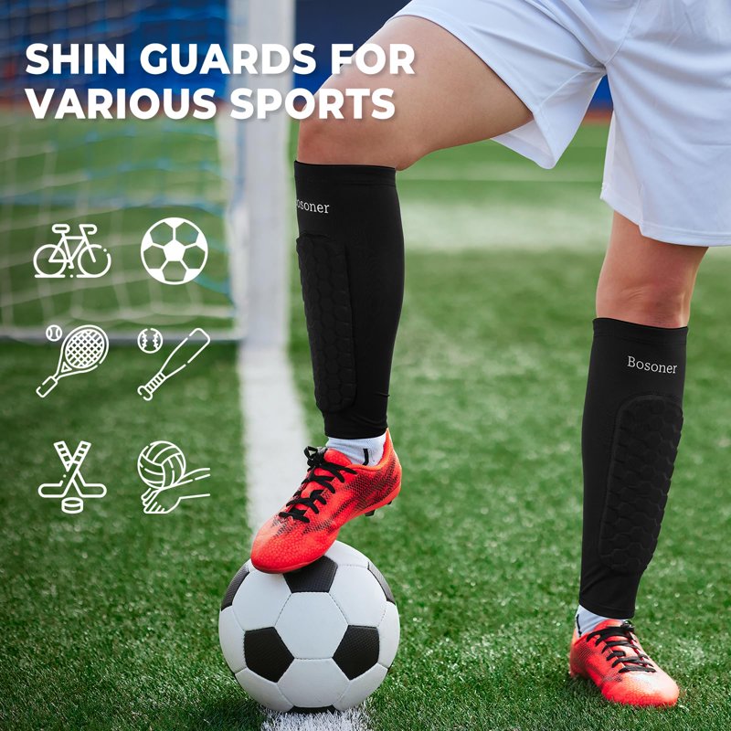 XL Black Bosoner Soccer Shin Guards for Kids - Non-Slip Calf Sleeve with Honeycomb Pads
