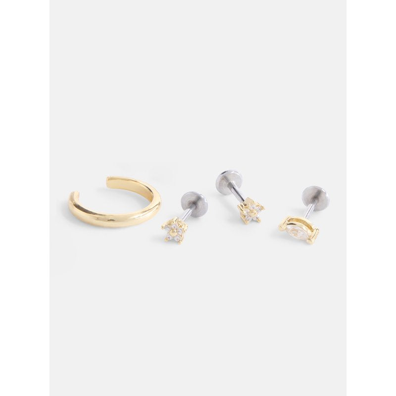 Women's 14K Gold Plated Cuff & Cubic Zirconia Stud Earring Set - 4 Pieces
