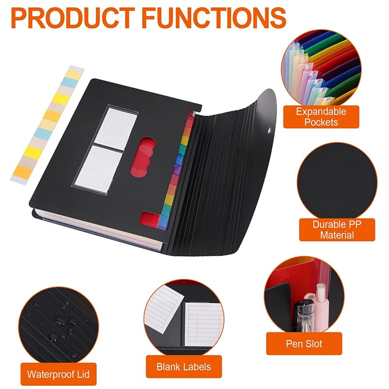 12-Pocket Expanding File Folder Organizer - Black Document Storage