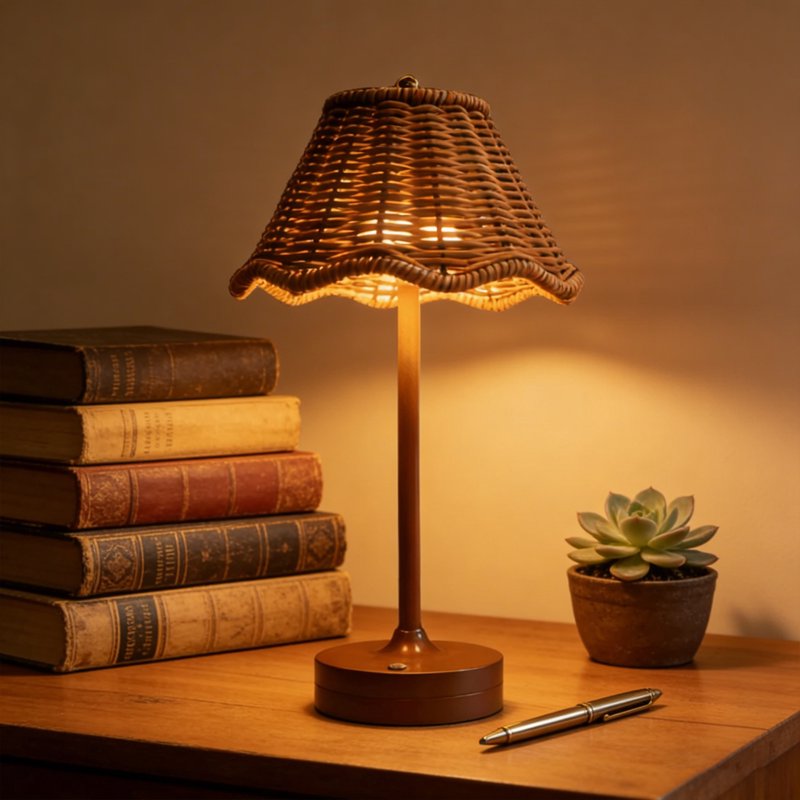 Rattan LED Table Lamp with Dimmable Touch Control - Rechargeable Cordless Bedside & Decor Light